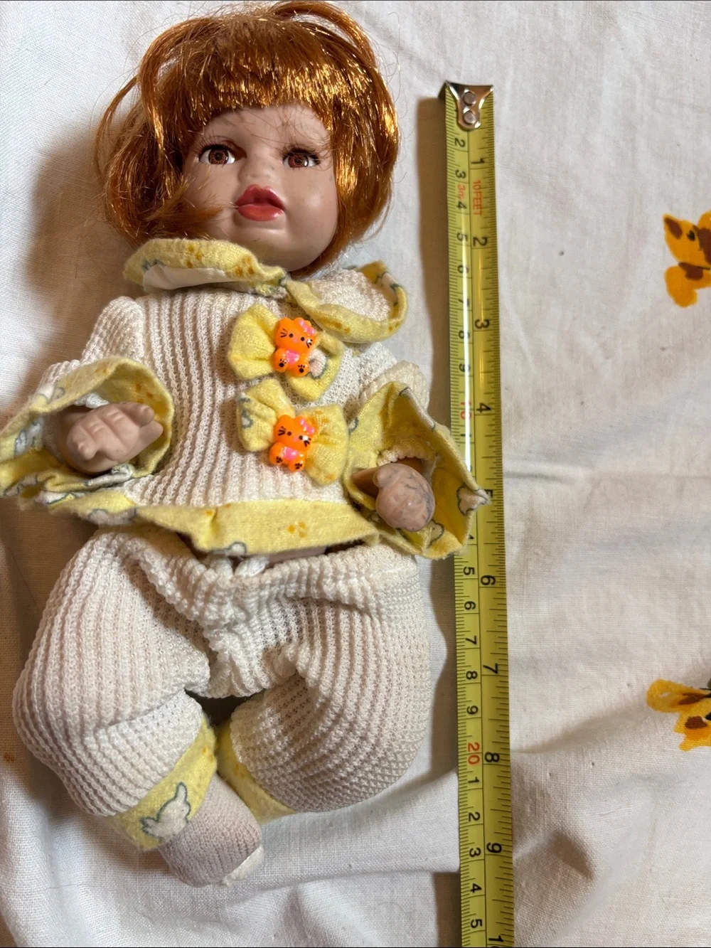 VTG -Yellow-Trim Cream Knit porcelain Baby Doll Outfit with Decorative Buttons